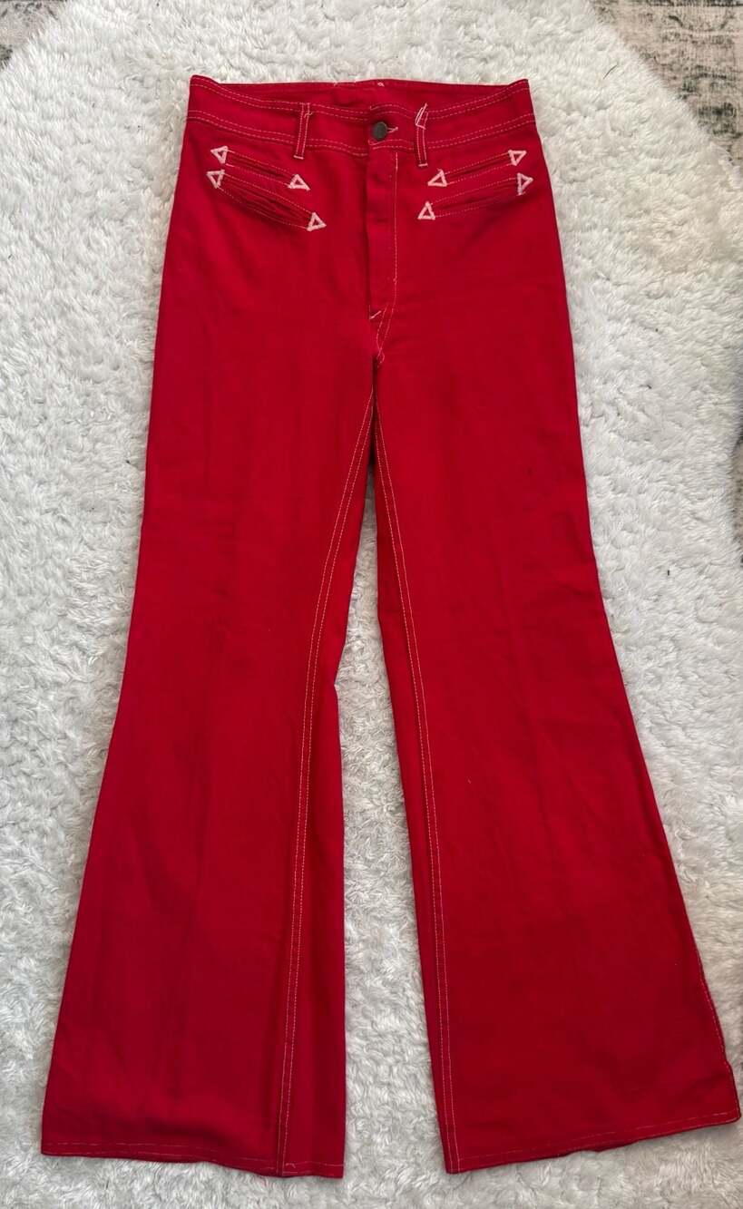 American Kiwo Red High-Rise Flare Jeans with Contrast Stitching and Triangle Poc